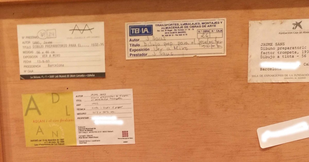 Etiquetes revers obra dibuix preparatori "El benefactor trompeta"